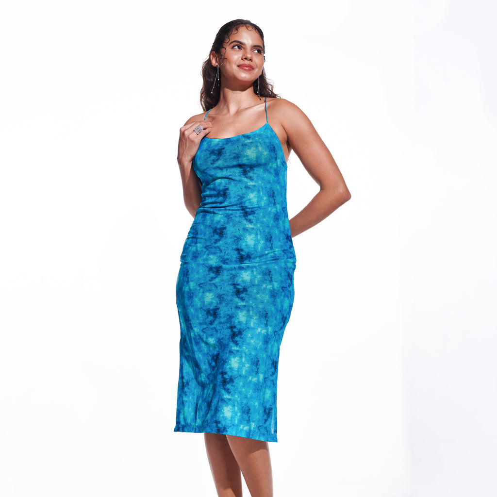 printed mesh backless midi dress for summer  Summer blue mesh dress with square neckline and backless design  Backless mesh dress for summer  Backless Printed Mesh Dress - Drawstrings at back  Summer sundress - blue mesh midi with backless detail  Bodycon mesh dress in blue with square neckline and thin straps  Backless dress detail with adjustable tie closure