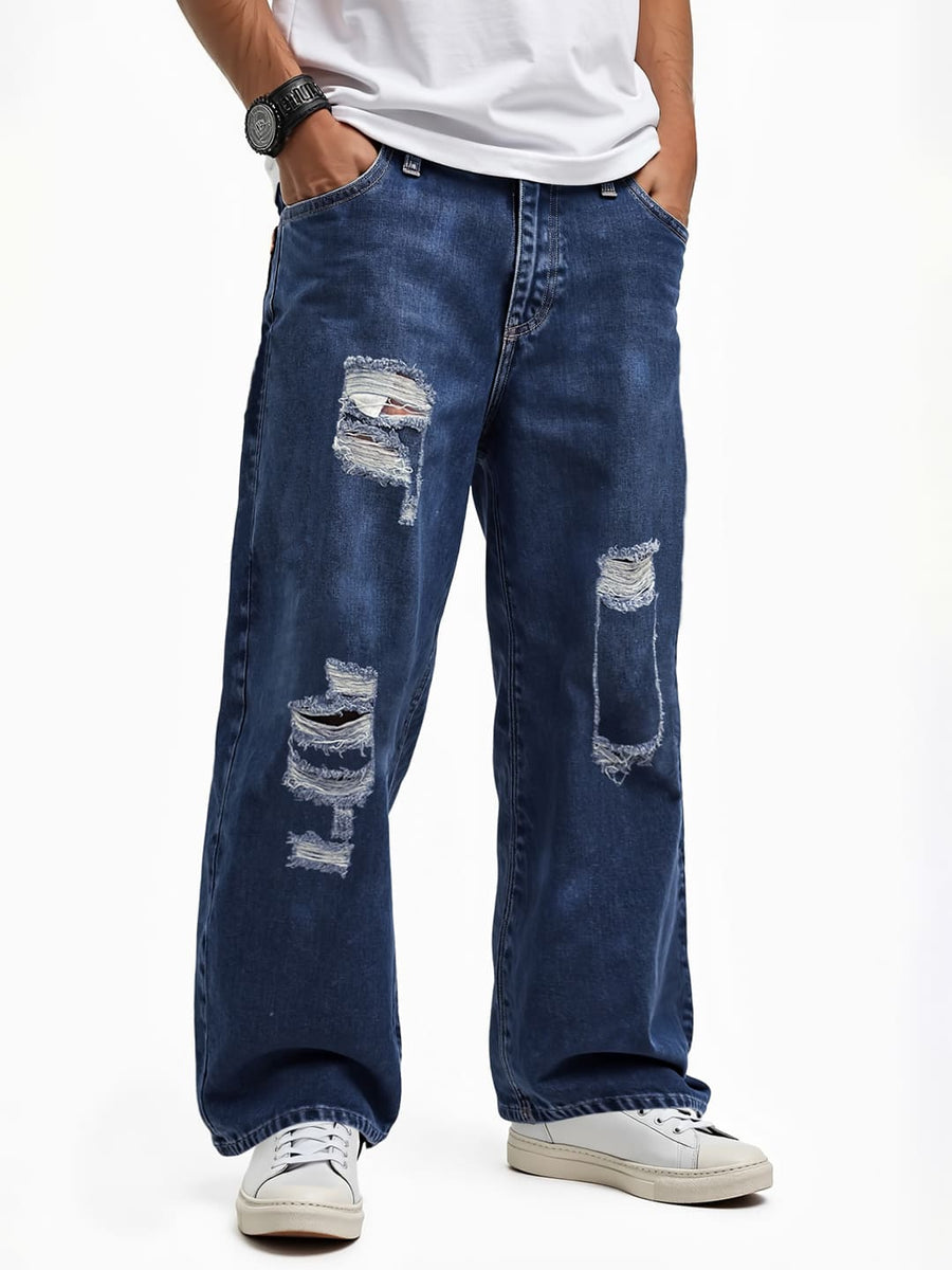 Men's Blue Distressed Straight Fit Jeans