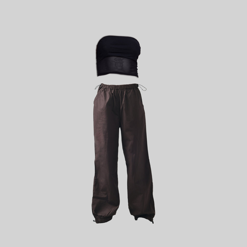 Black Tube Top & Brown Parachute Pants