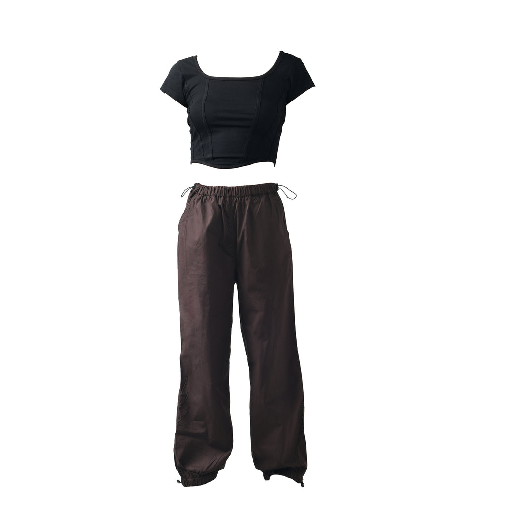 Corset Crop Top (Black) & Parachute Pants (Brown)