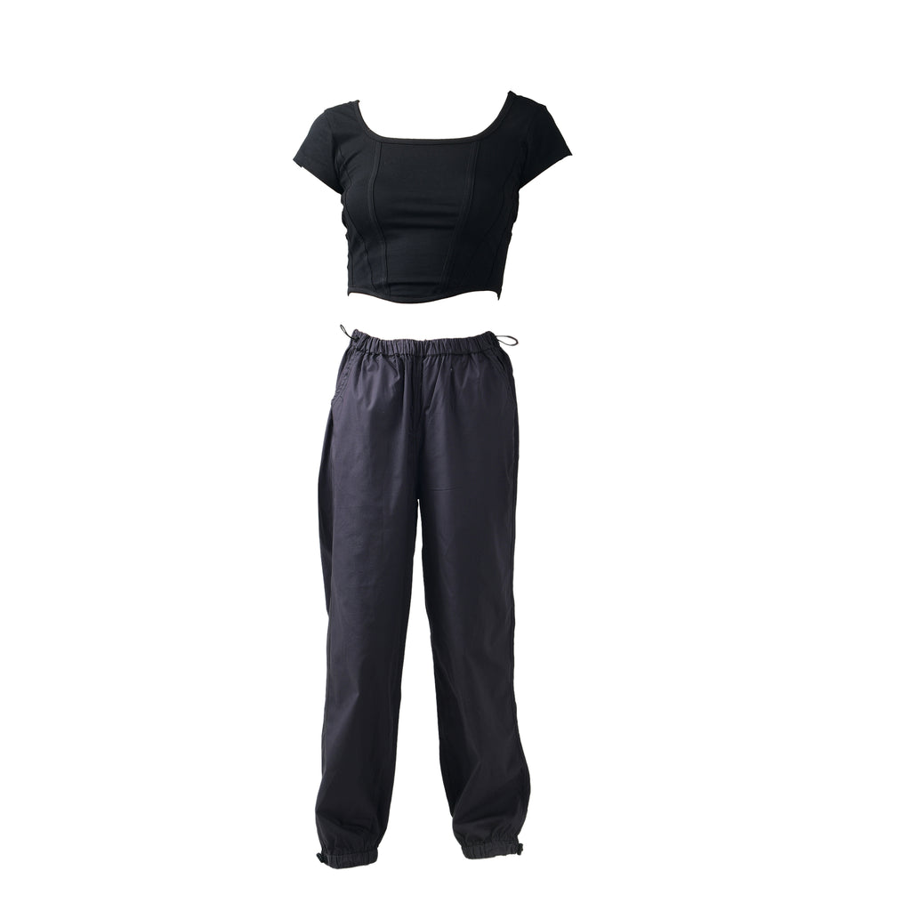 Corset Crop Top (Black) & Parachute Pants (Gunmetal)