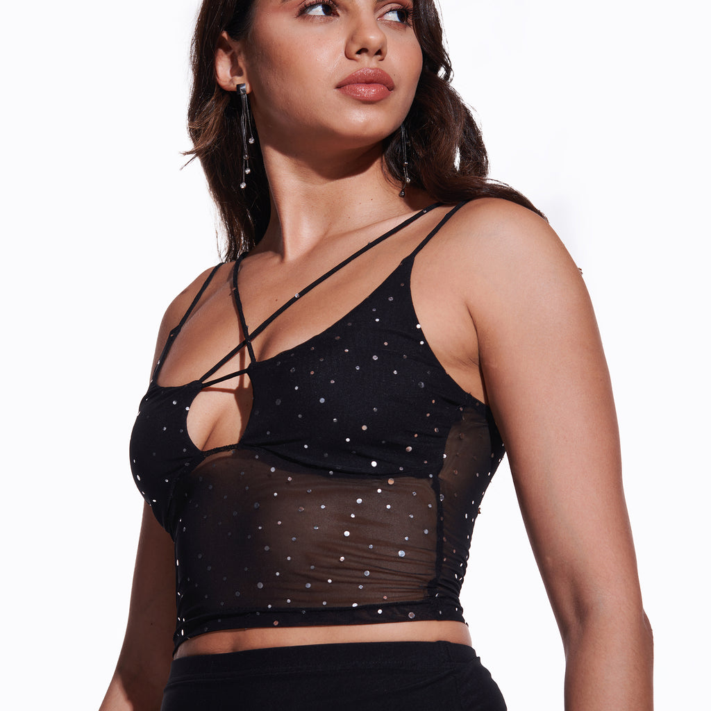 Sequin Mesh Top & Black Parachute Pant