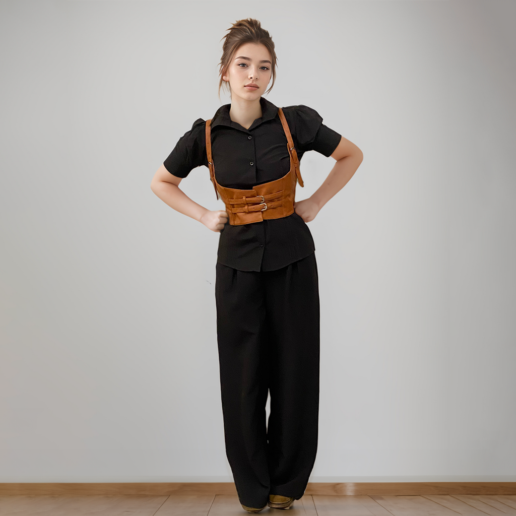 Black Korean Pants & Shirt Waistcoat Set