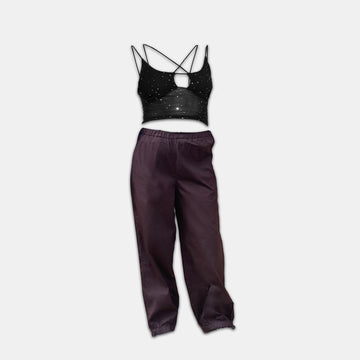 Black sequin top and Brown parachute pant combo