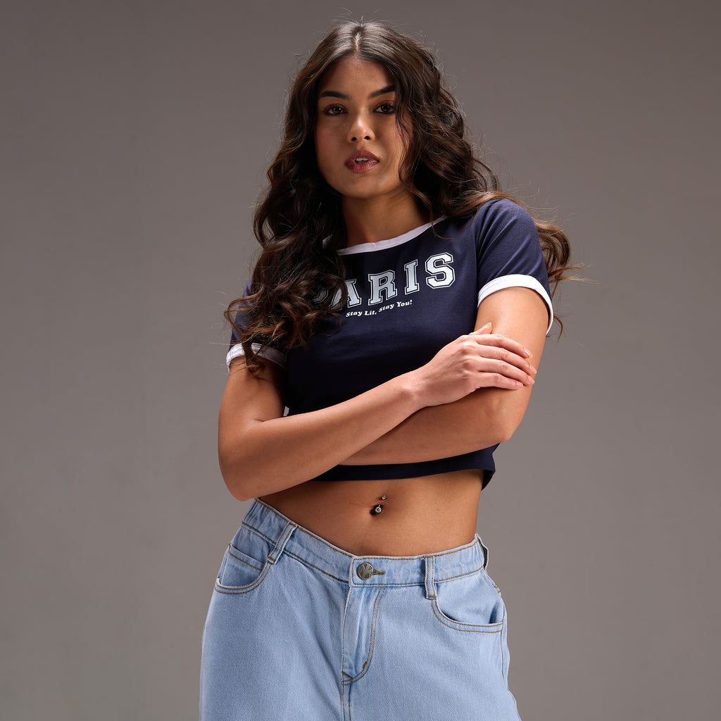 "Varsity Paris" Blue Cropped Fitted Baby Tee