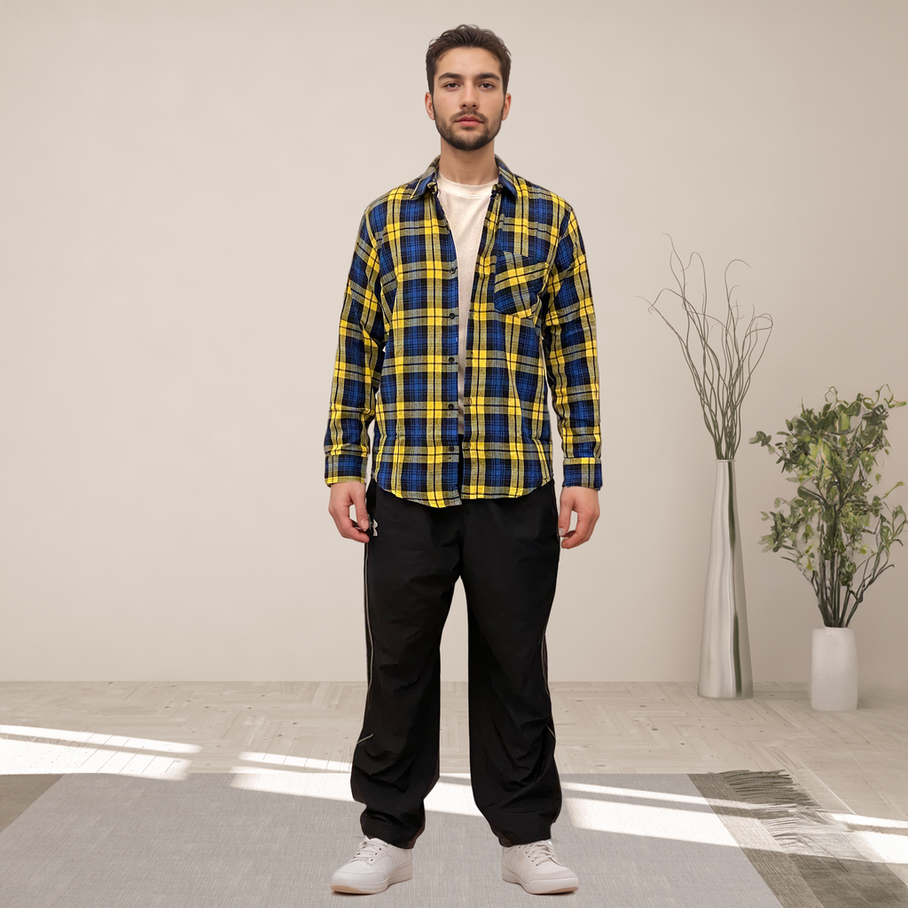 Yellow & Blue checks cotton relaxed fit shirt for men