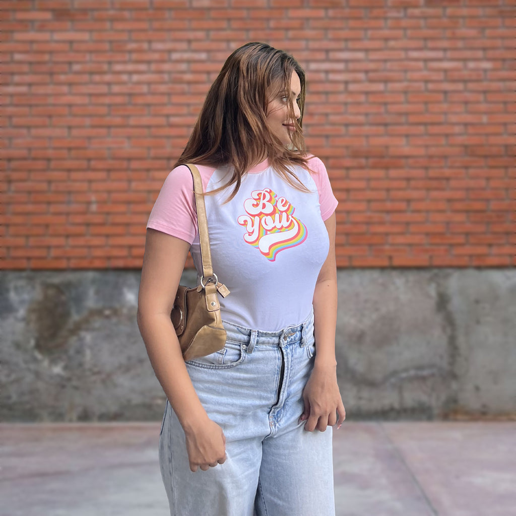 " Be you" White & Pink color block Cropped Fitted Baby Tee