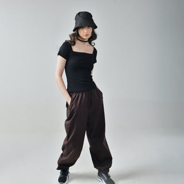 Square Neck Top & Brown Parachute Pant Combo