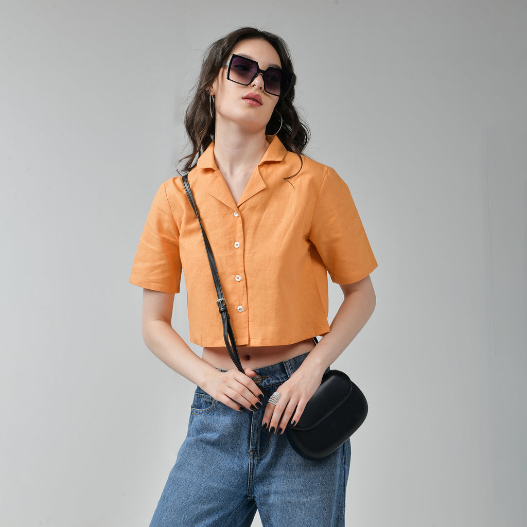 Crop Linen Shirt for women - Orange