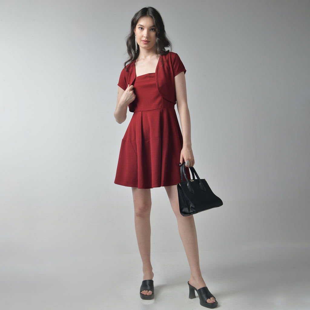 Red Fit & flare dress with shrug