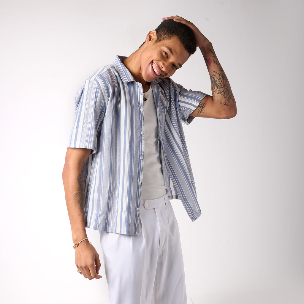 Blue Stripe Cotton Resort Shirt For Men