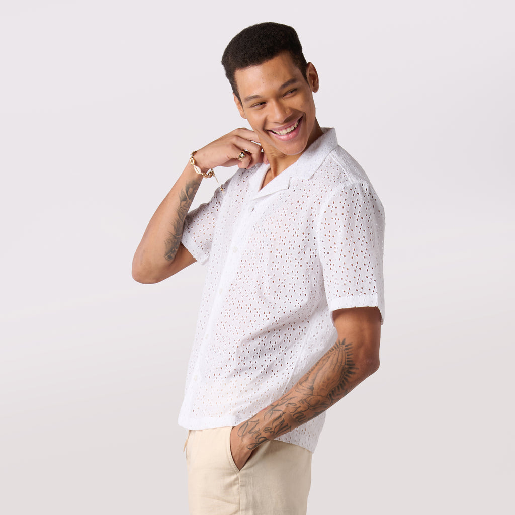 White Schiffly Resort Collar Shirt For Men