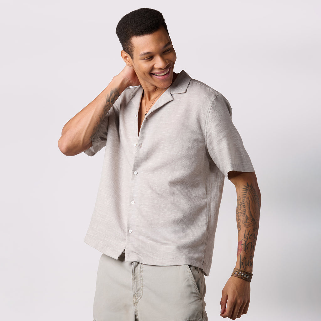 Grey Textured Resort Shirt For Men