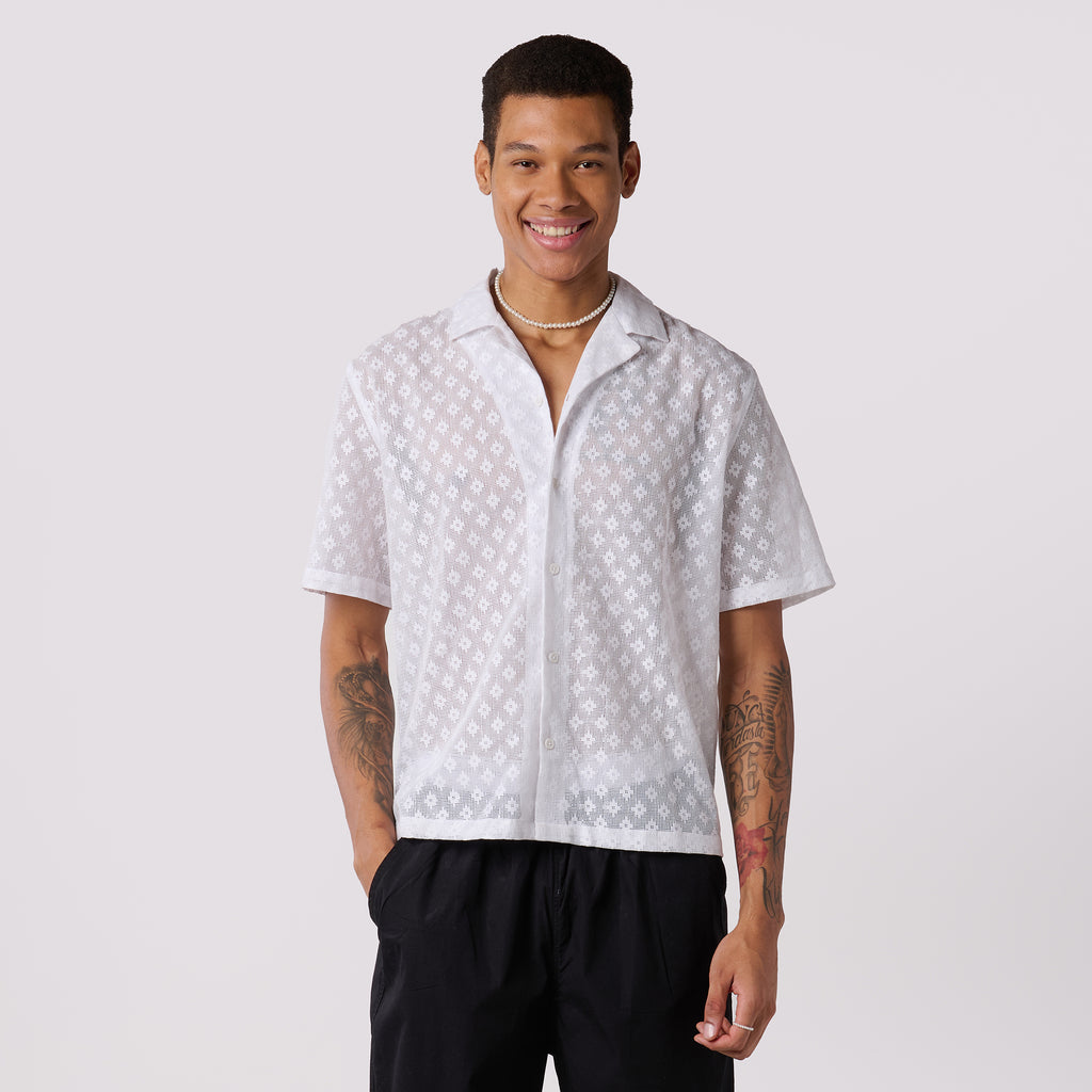 White Textured Resort Collar Shirt For Men