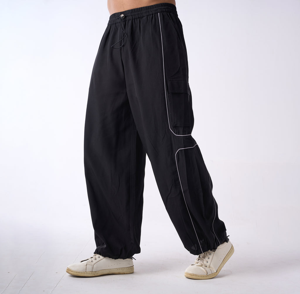 Black Cargo Air parachute pants with contrast  piping For Men