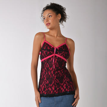 Black lace corset top with hot pink lining