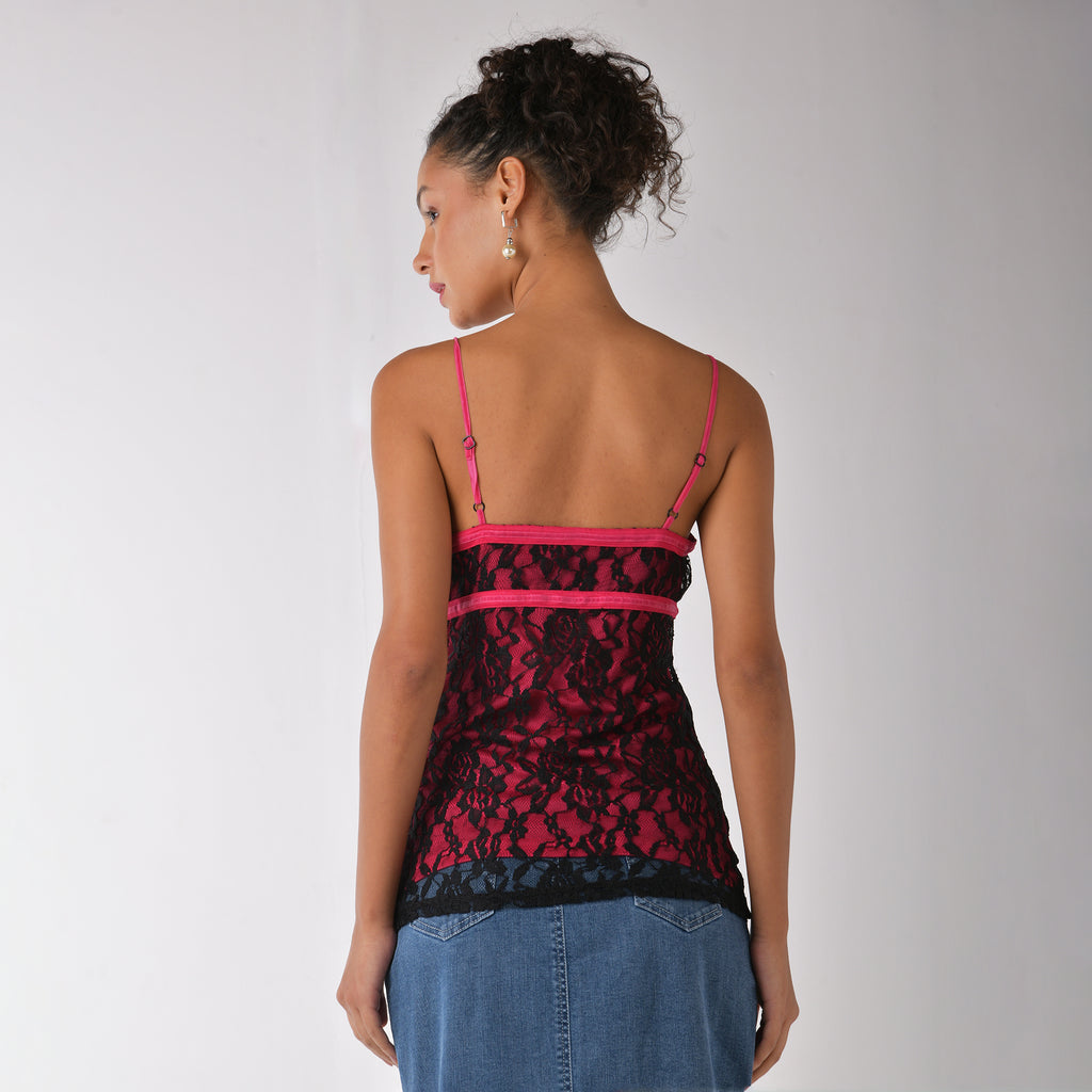 Black lace corset top with hot pink lining