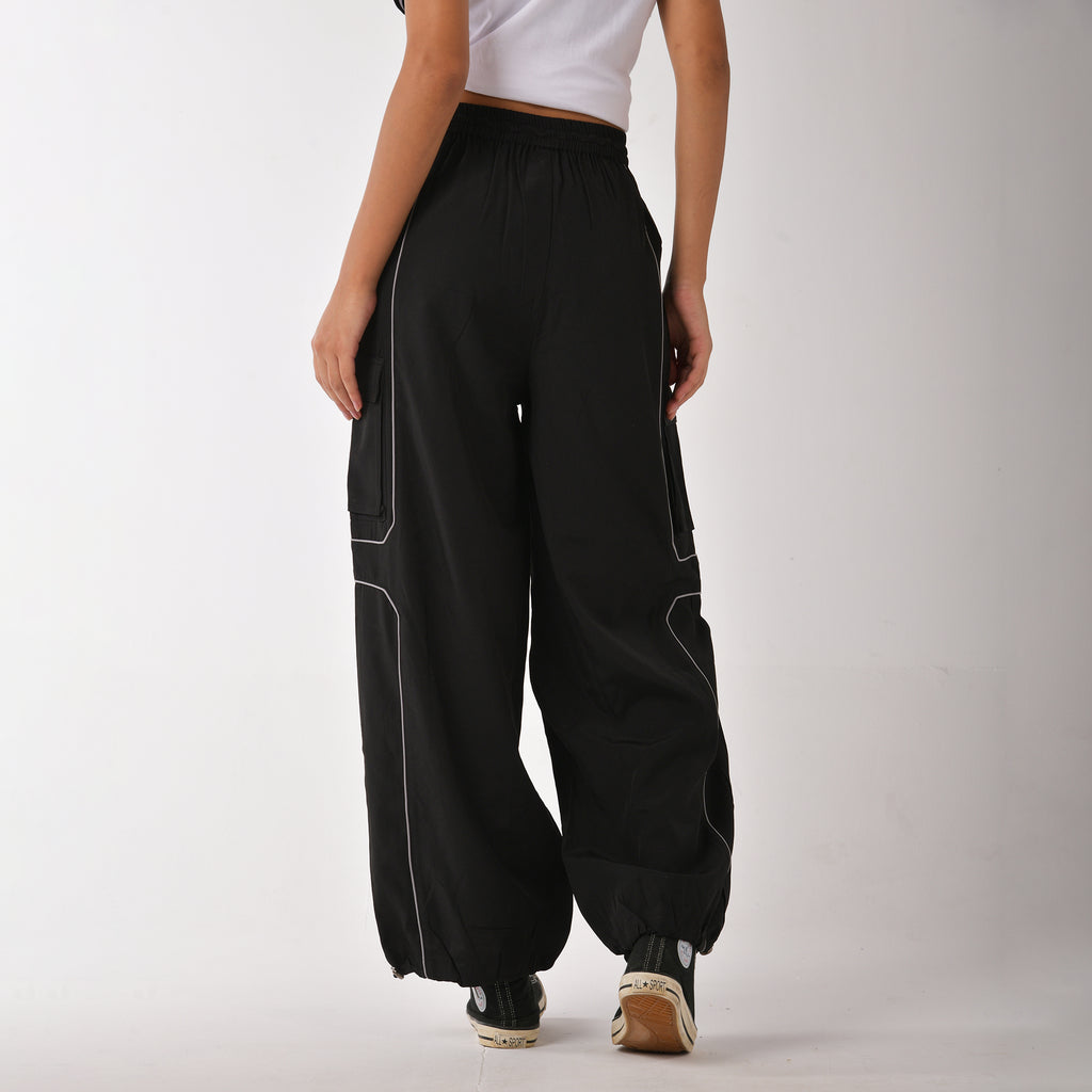 Black Cargo Air parachute pants with contrast  piping