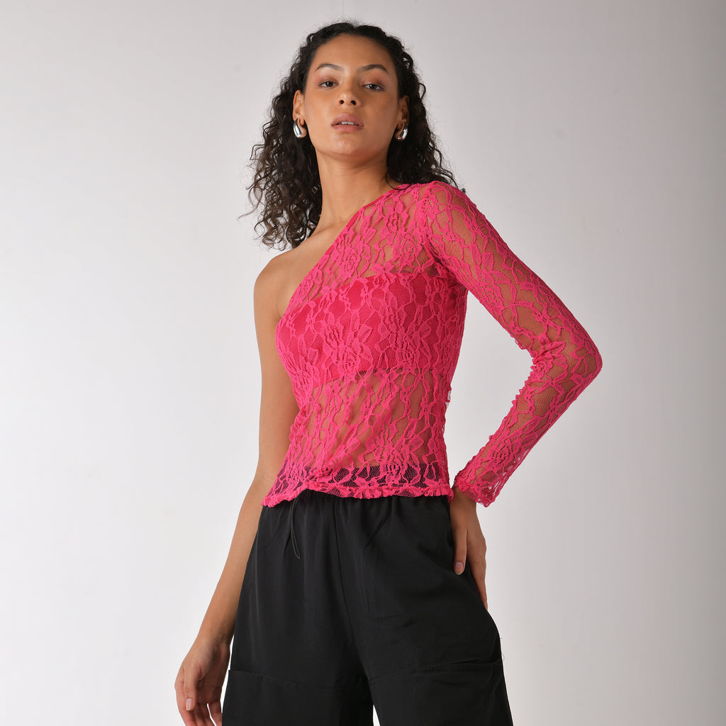 Hot pink one shoulder lace top with bandeau