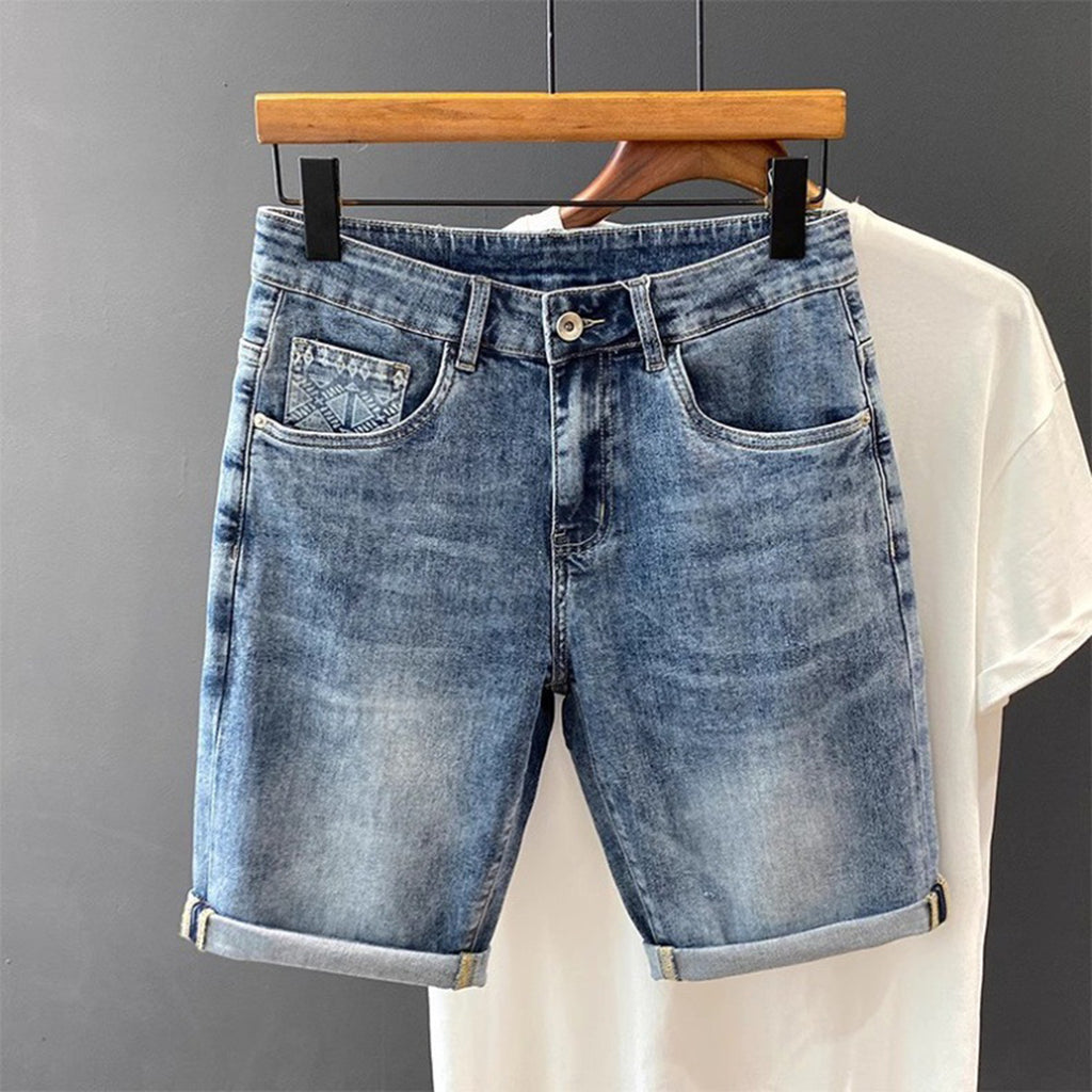Mid-Blue printed pocket denim shorts for men