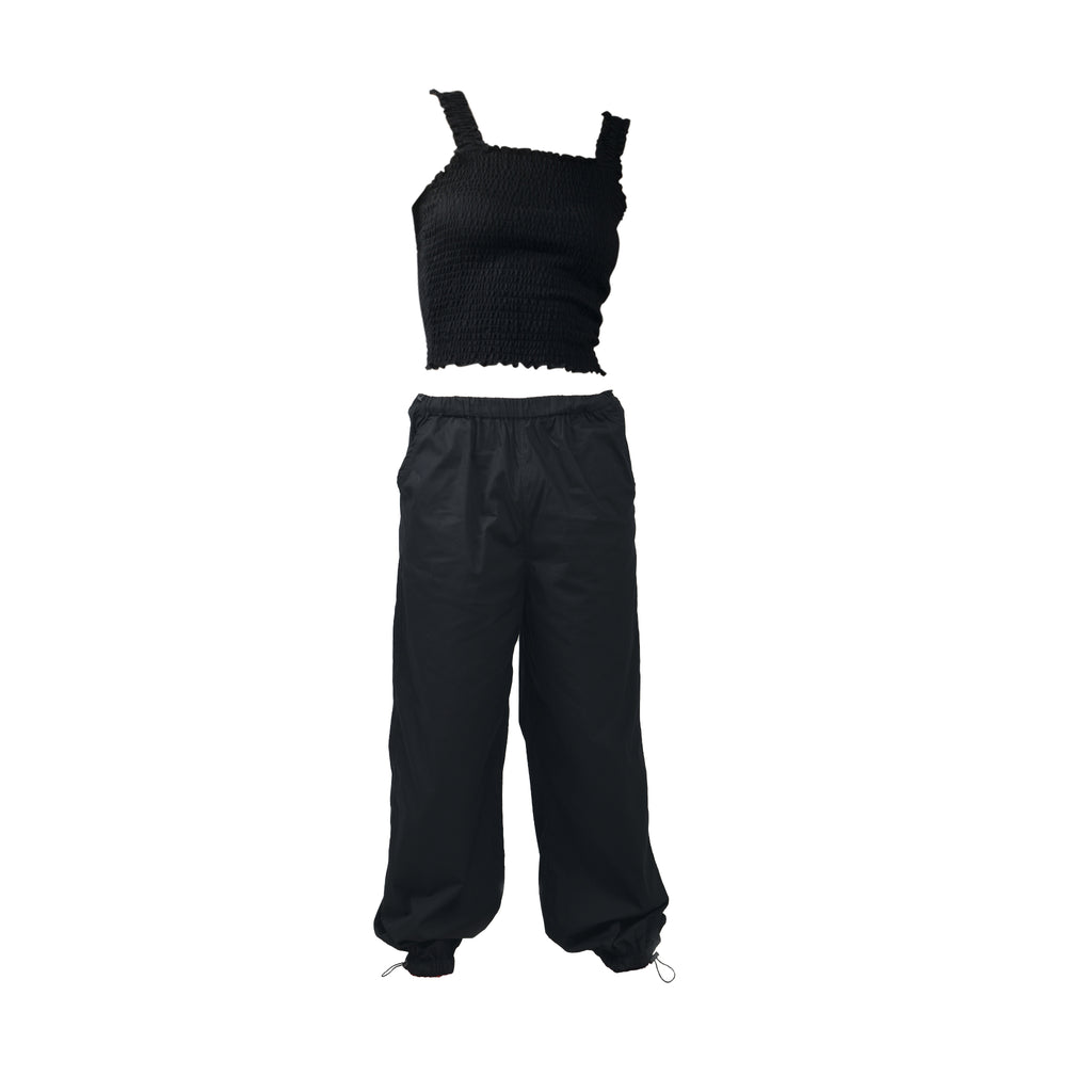Ruffle Top (Black) & Parachute Pants (Black)