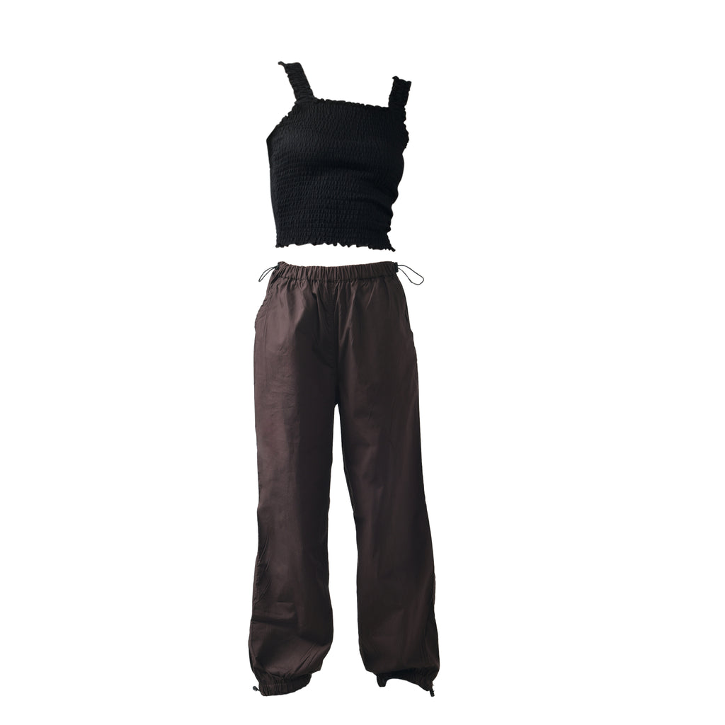 Ruffle Top (Black) & Parachute Pants (Brown)