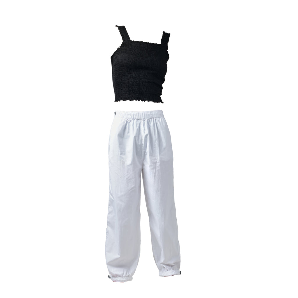 Ruffle Top (Black) & Parachute Pants (White)