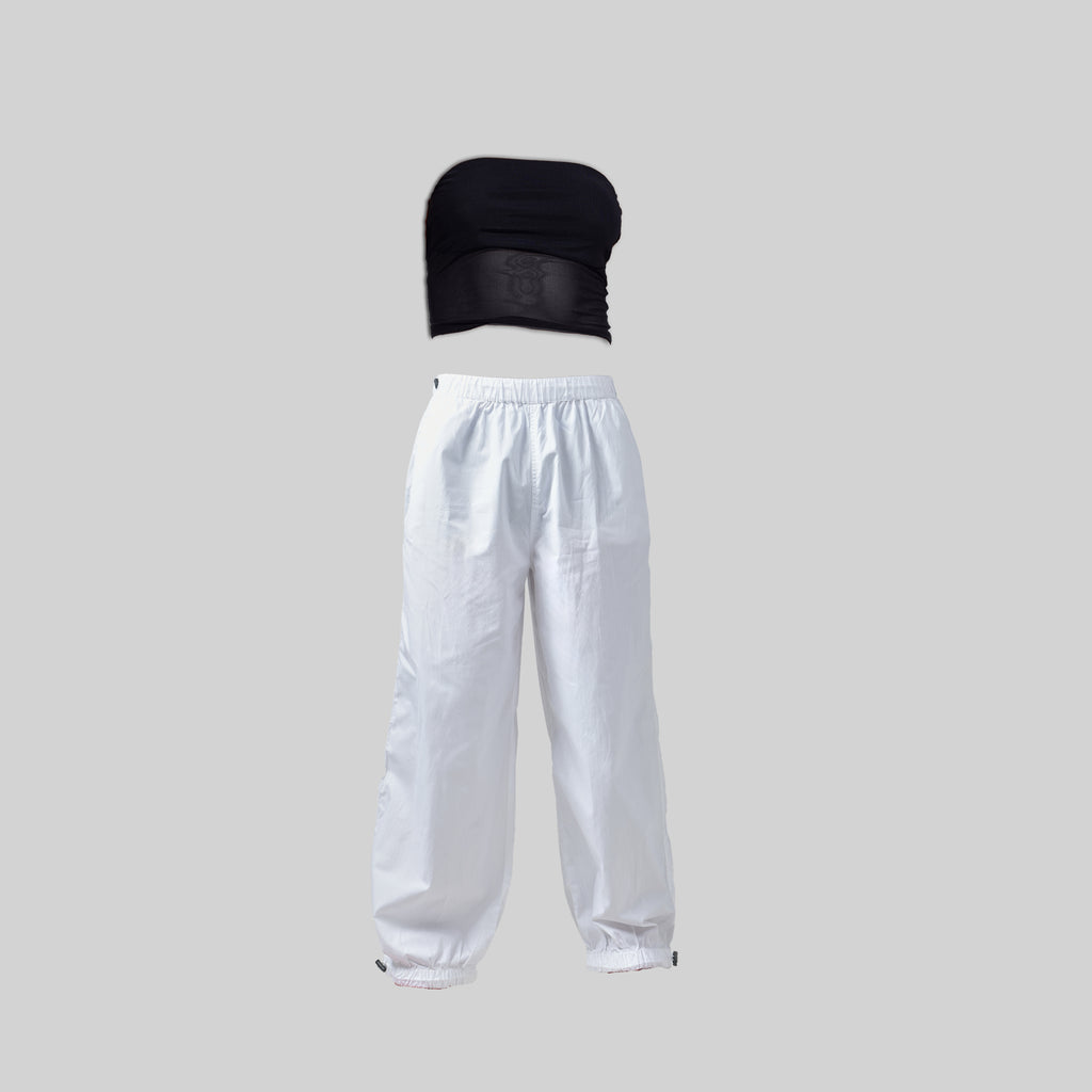 Black Tube Top & White Parachute Pants