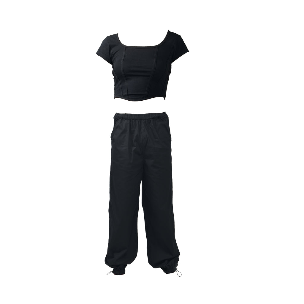 Corset Crop Top (Black) & Parachute Pants (Black)