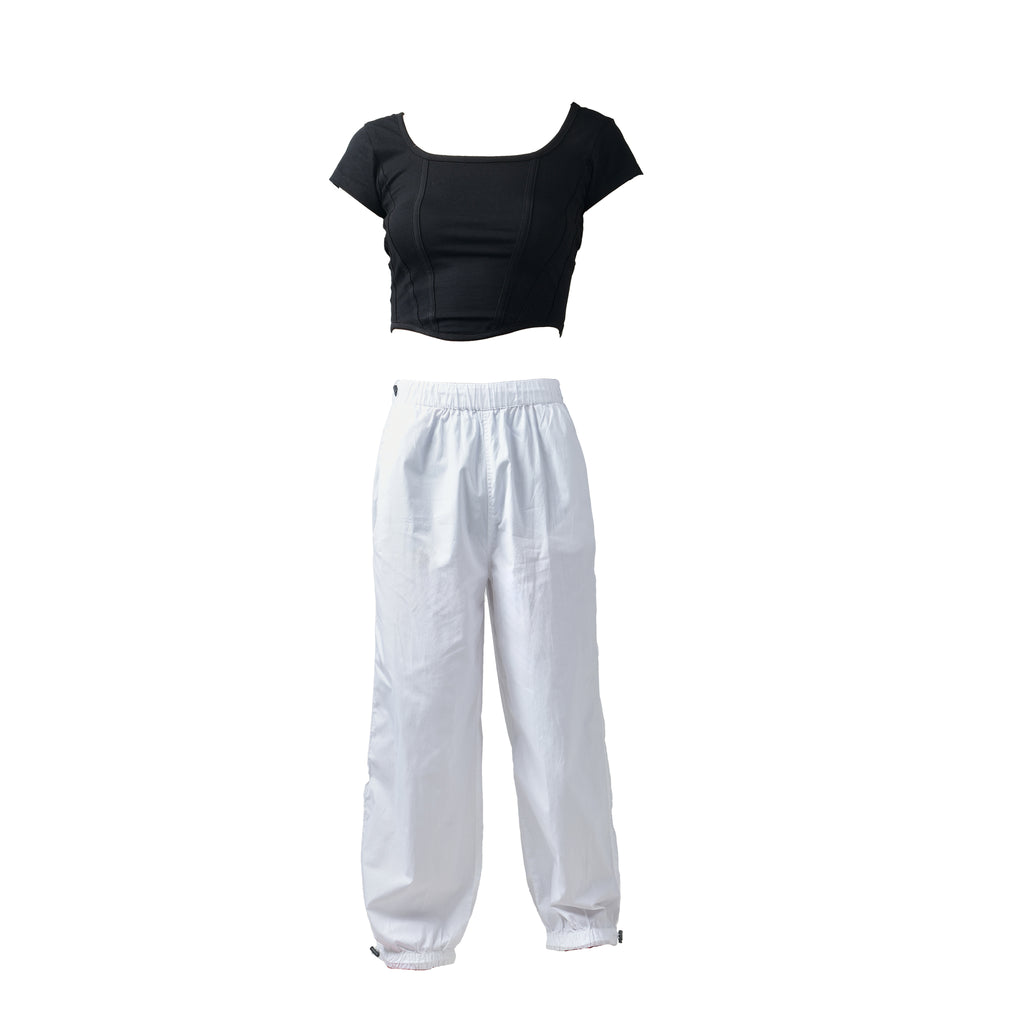 Corset Crop Top (Black) & Parachute Pants (White)