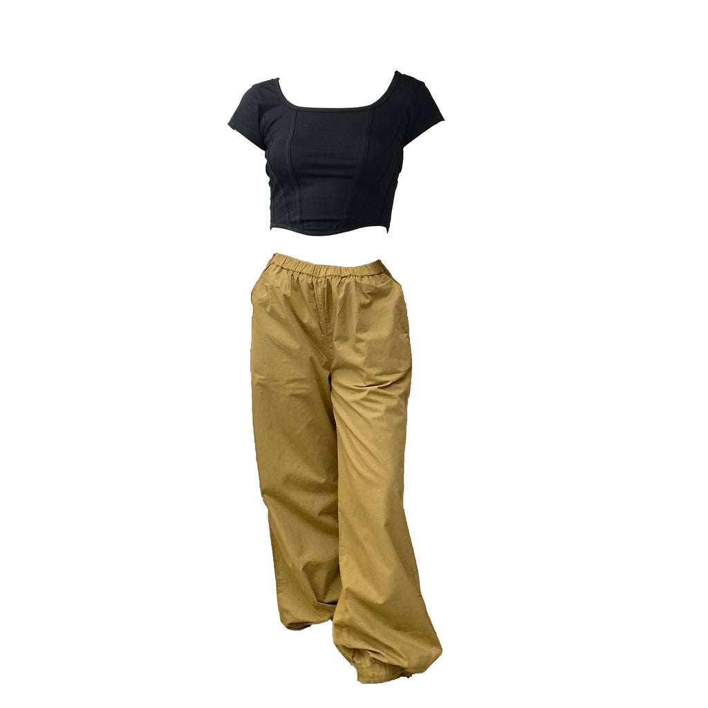 Corset Crop Top (Black) & Parachute Pants (Khaki)
