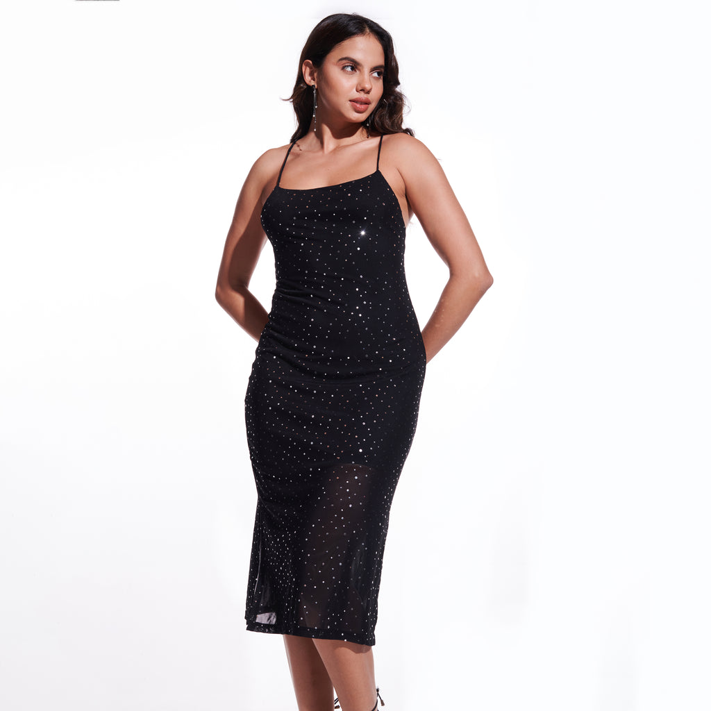 Chic black sequin midi dress for evening wear  Backless black mesh dress with bodycon fit  Party-ready black sequin dress with square neckline  Black mesh midi dress with sequins and square neckline  Backless detail on black party dress with straps