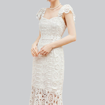 IZF White Lace Ruffle-Cocktail-Dress