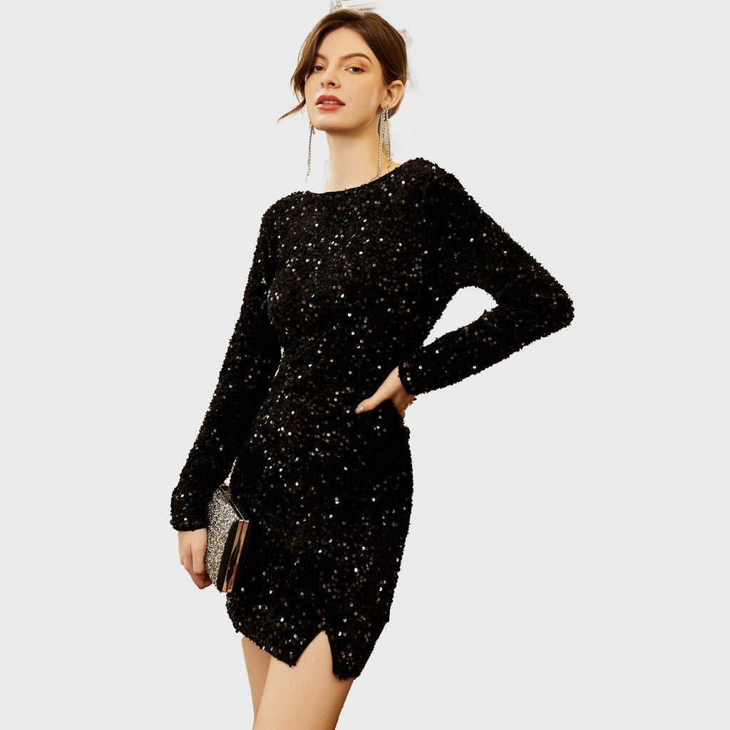 Black Shimmer Sequin -Cocktail-Dress ; Black Party Dress