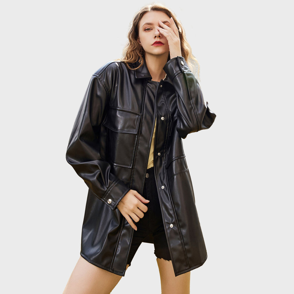 Black Oversized -Faux-Leather-Jacket ; Leather Jacket