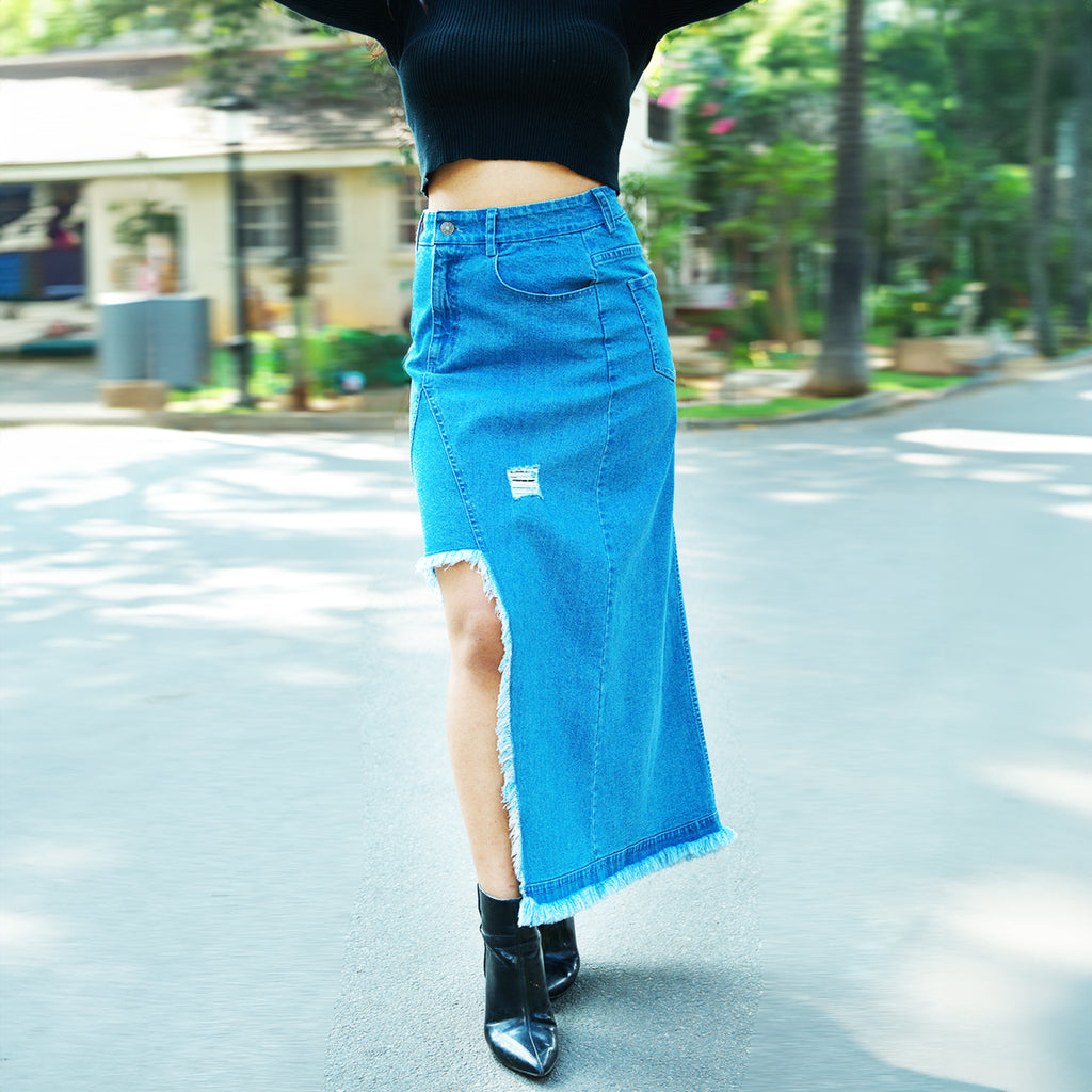 Mid-blue cut-out Denim Midi Skirt