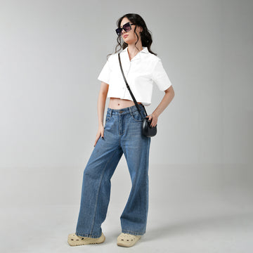 Baggy Jeans  & White Crop Linen Shirts For Women