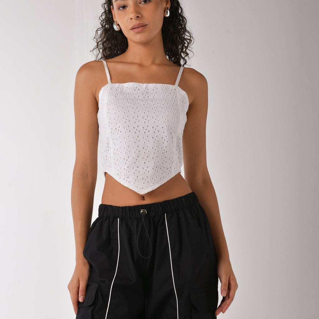 White strappy scarf top with embroidery