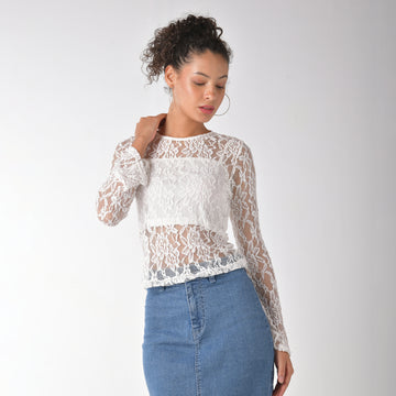 White full sleeve lace top with matching crop camisole