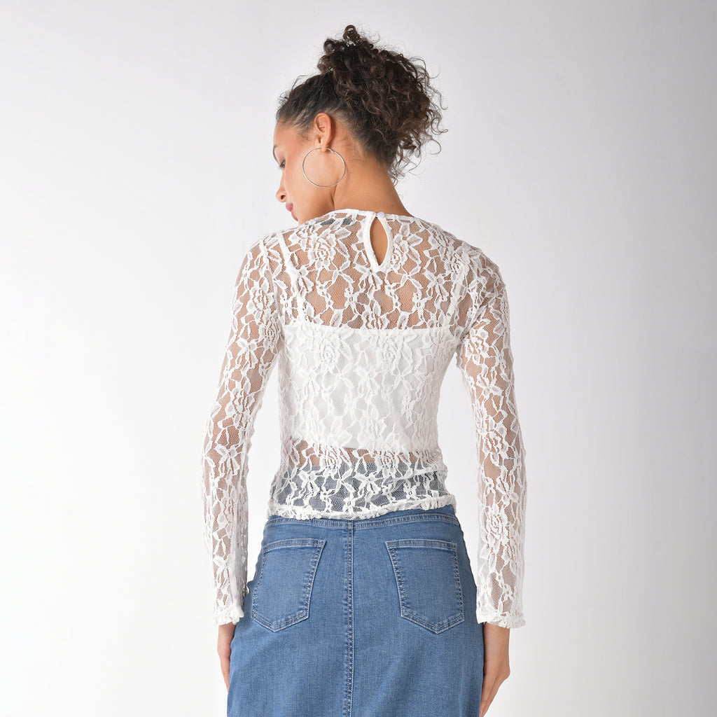 White full sleeve lace top with matching crop camisole