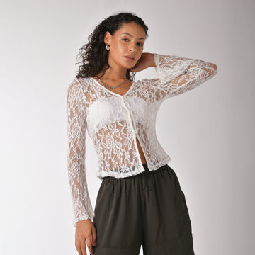 White lace cardigan top with romantic bell sleeves