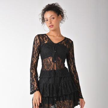 Black lace cardigan top with romantic bell sleeves