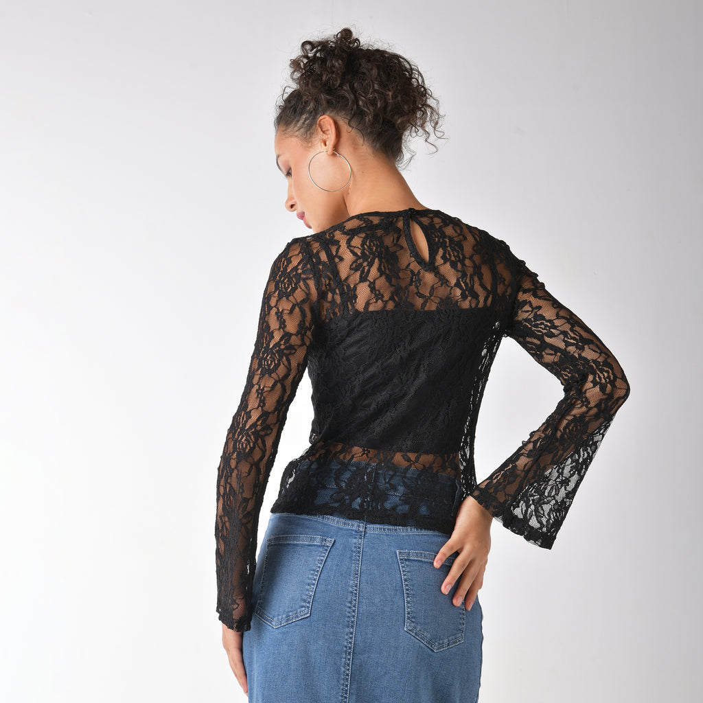 Black sheer lace top with matching camisole