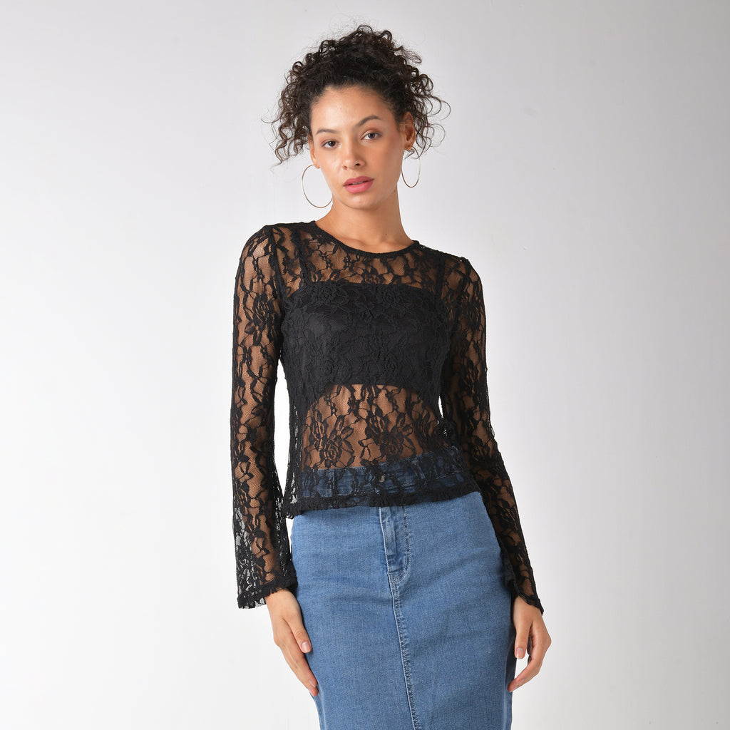 Black sheer lace top with matching camisole