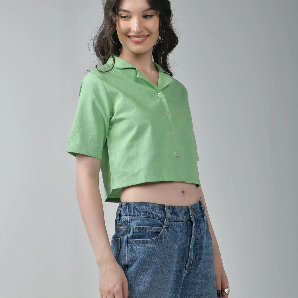 Baggy Jeans & Green Crop Linen Shirts For Women - I Z F