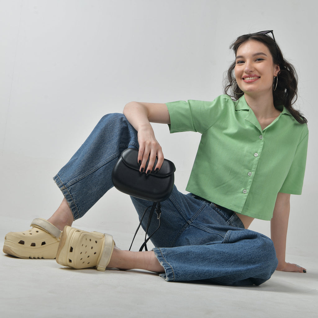 Baggy Jeans & Green Crop Linen Shirts For Women - I Z F