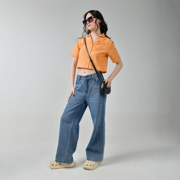 Baggy Jeans & Orange Crop Linen Shirt Set for Women - I Z F