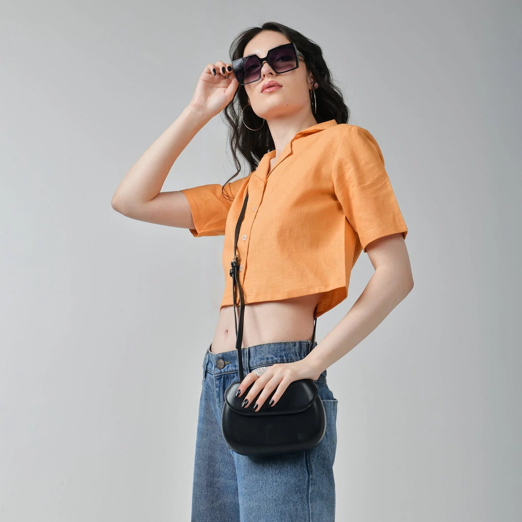 Baggy Jeans & Orange Crop Linen Shirt Set for Women - I Z F
