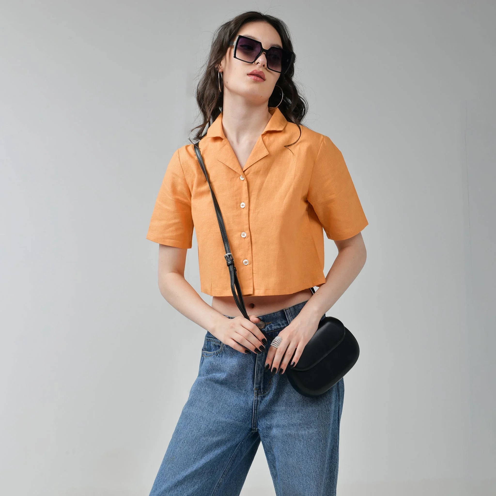 Baggy Jeans Orange Crop Linen Shirt Set for Women – I Z F