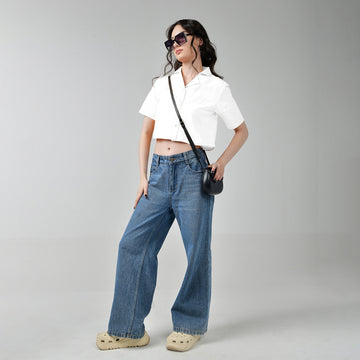 Baggy Jeans & White Crop Linen Shirts For Women - I Z F